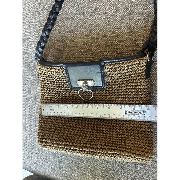 Vintage Brighton Straw Leather Heart Charm Shoulder Bag Women's Tan Black - Picture 10 of 13